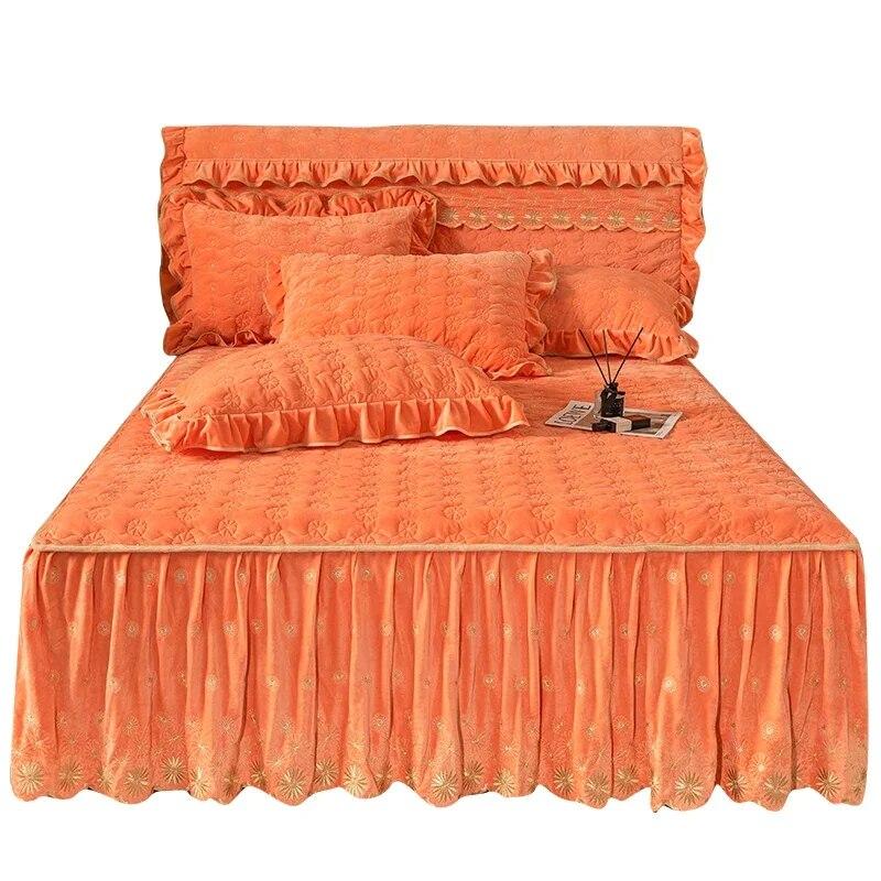 Бархатное покрывало с вышивкой, мягкое покрывало королевского размера, зимняя толстая юбка для королевской кровати с 2 наволочками, домашнее постельное белье