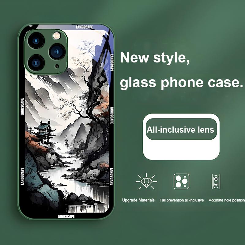 Китайская пейзажная живопись для iPhone 16 Plus 15 14 13 12 Mini 11 Pro Max X XS XR 7 8 Plus 2022 Закаленное стекло Чехол для телефона