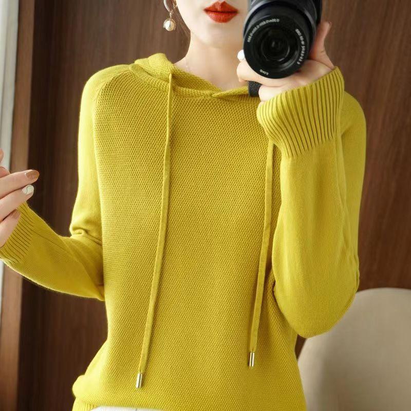 Пуловер, осенние и зимние свитера, женские свитера с капюшоном, свободный трикотаж с подкладкой, однотонный пуловер с длинными рукавами, женские топы