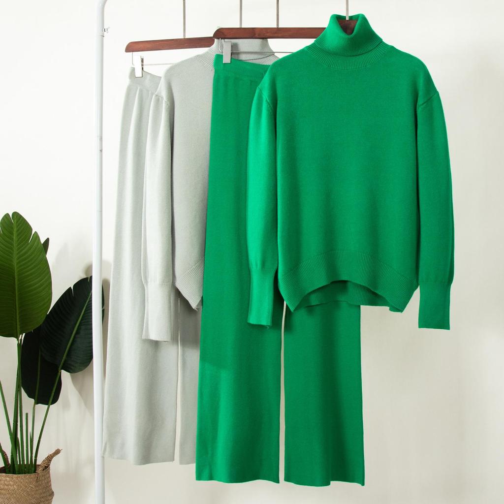 Брючные костюмы из двух предметов, осенне-зимний женский новый свитер с высоким воротом, эластичные широкие брюки с высокой талией, вязаный комплект