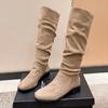 2024 2024 New High Quality Pleated Boots Women Black Nude Faux Suede Flock Knee High Boots Ladies Flat Autumn Winter Dress Shoe 43