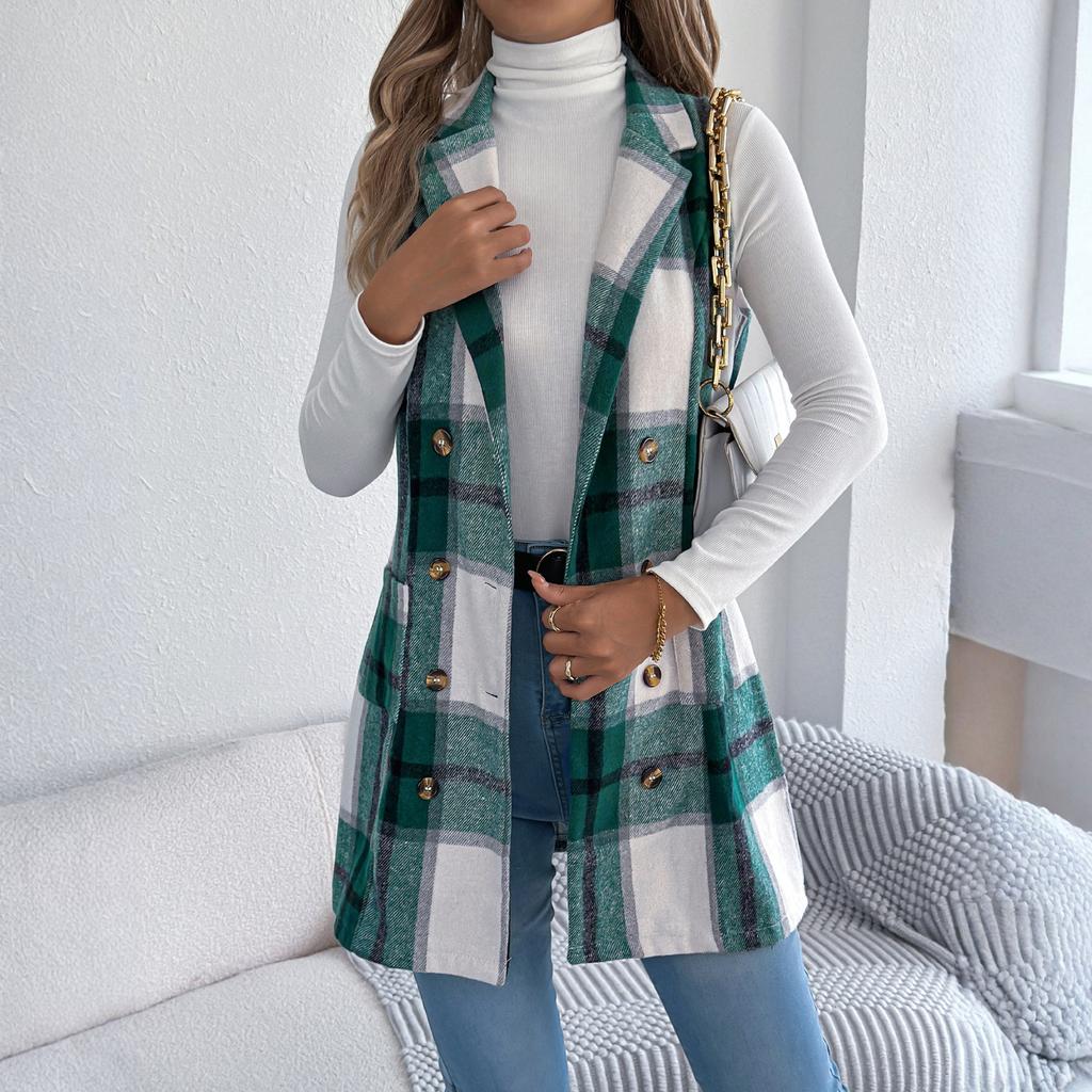 Женское клетчатое двубортное шерстяное пальто с карманами, длинный жилет
