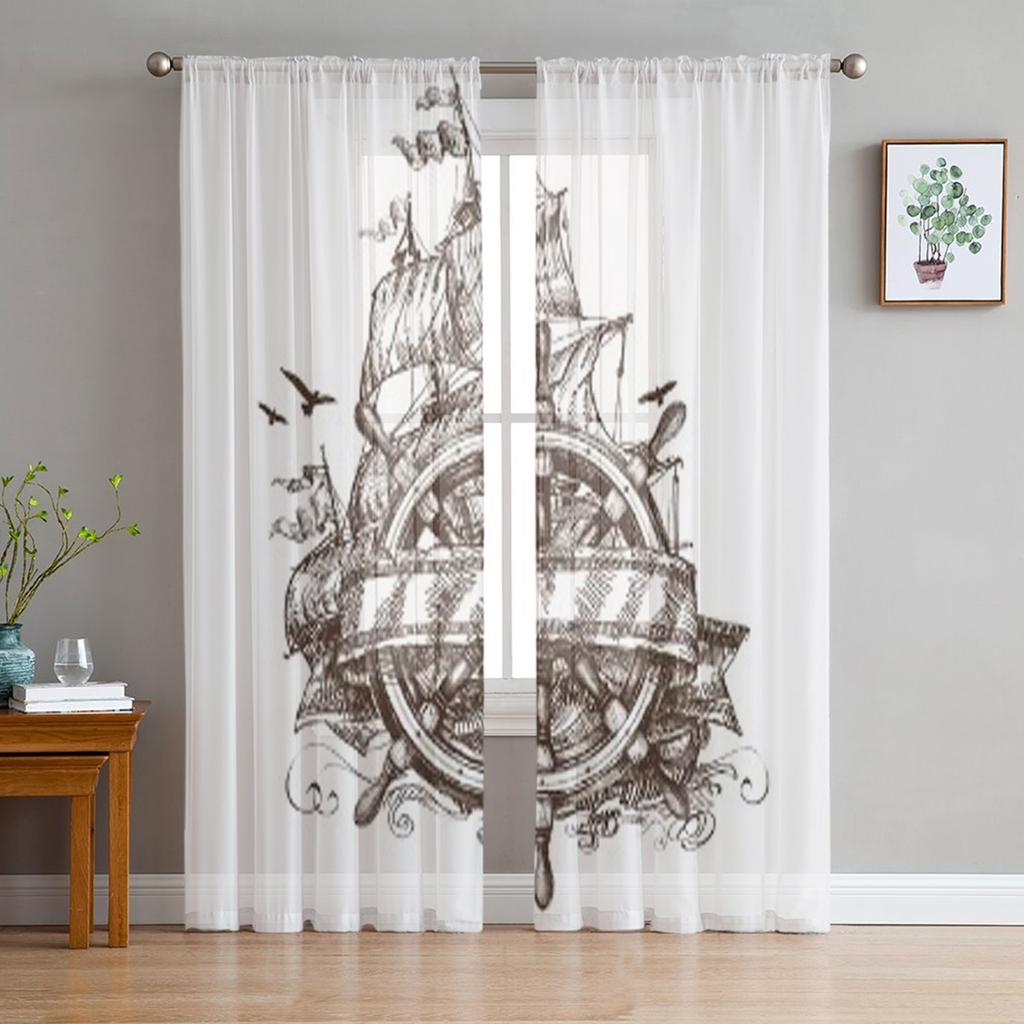 Adventure Vintage Ship Rudder Tulle Sheer Curtains for Living Room the Room Bedroom Kitchen Decoration Voile Organza Curtains