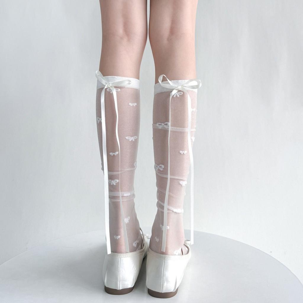 Летние ультратонкие носки до икры с бантиком-стримером и кружевом для женщин, кремово-белые, JK, из кристаллического шелка, милые носки