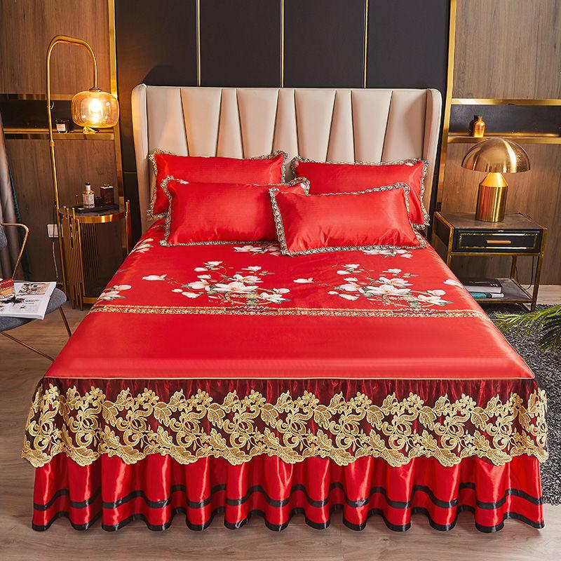 Модный домашний текстиль простыня на резинке летняя юбка для кровати цельное кружевное покрывало в стиле принцессы из ледяного шелка (комплект из трех частей) покрывало для кровати, пригодное для машинной стирки