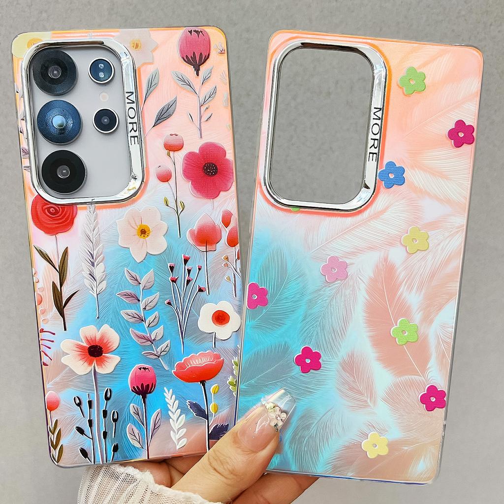 For Samsung Galaxy S24 Ultra Case Floral Pattern Electroplating Laser Texture TPU+PC Phone Back Cover