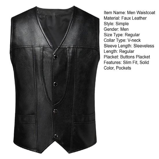 Мужской жилет из искусственной кожи с V-образным вырезом, без рукавов, приталенный однобортный жилет, пальто с карманами, однотонный жилет, верхняя одежда