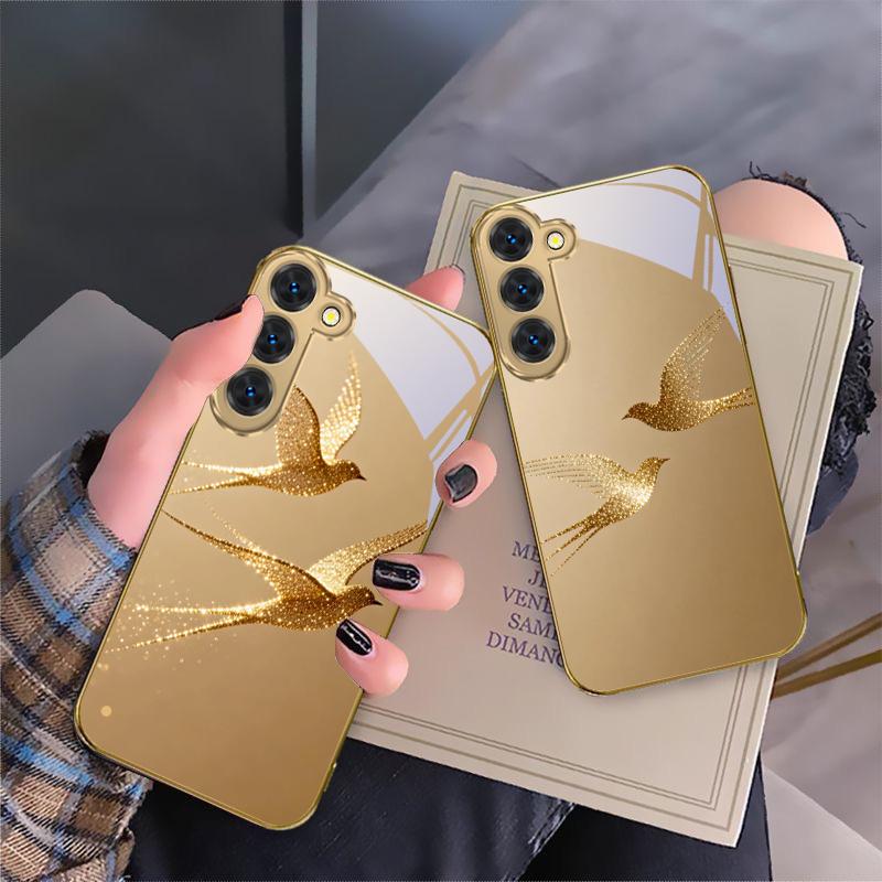 golden flying bird For Samsung Galaxy S26 S20 FE S21 S22 S23 Plus S24 Ultra S25Ultra S21+  S22Plus Golden glass phone case