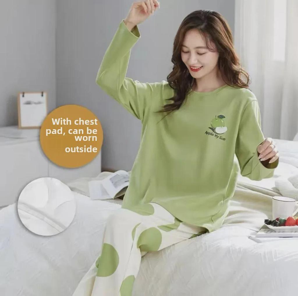 Женский пижамный комплект с рисунком из мультфильмов на весну/осень с нагрудными накладками, длинными рукавами и брюками — свободный, удобный и подходит для ношения на открытом воздухе