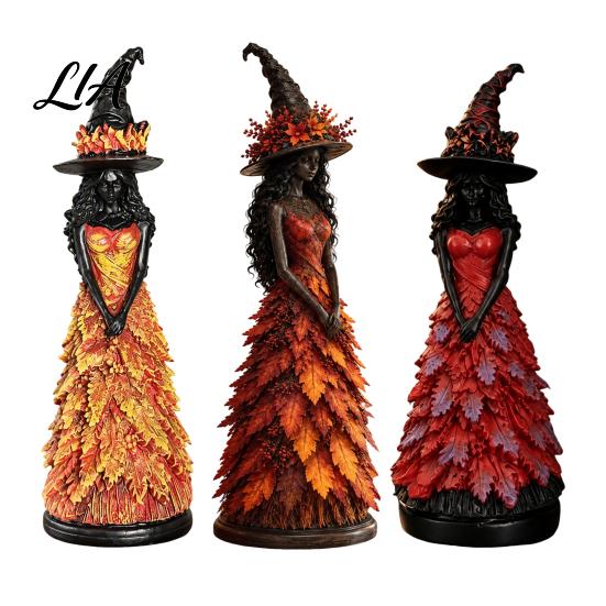 Indoor Holiday Table Decor Autumn Witch Statue, Resin Figurine with Maple Leaf Dress, Forest Theme Decorations Fall Harvest Halloween Tabletop