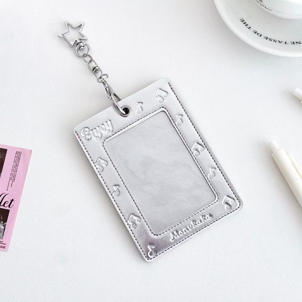 MINKYS Cute PU leather Silver 3 inch Kpop Photocard Holder Photo Card Bus Card Holder Bag Pendant Back To School Stationery
