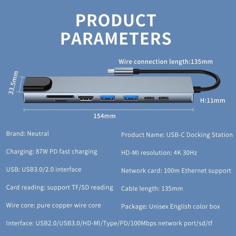8-in-1 Type-c Expansion Dock USB-C To HDMI4k30hz USB3.0PD Card Reading Multifunctional Converter