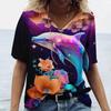 2025 Women's T-Shirts Dolphin Print Tops V Neck Fashion Female Vintage Clothing Aesthetics Tees Loose Oversized Funny T Shirts
