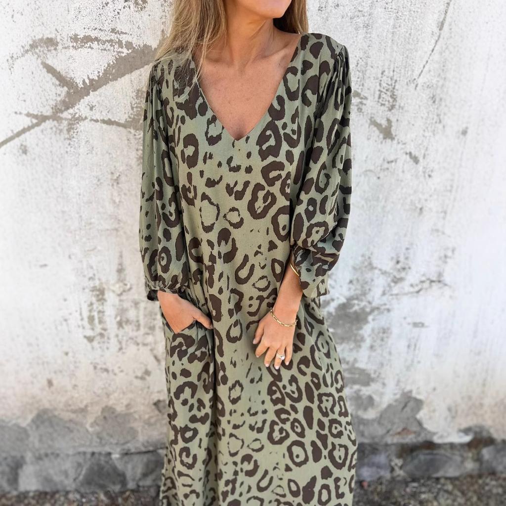 IHUASU Весна-лето с длинным рукавом и принтом леопарда, свободное платье с V-образным вырезом для женщин