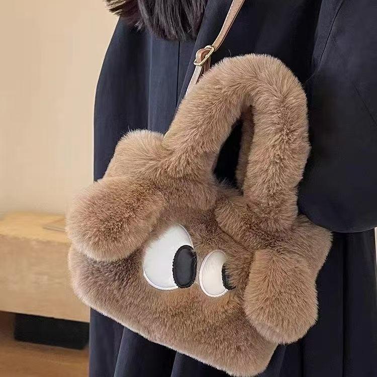 Big-Eyed Dog Plush Crossbody Bag: Faux Rex Rabbit Fur Childlike Tote, Fashionable Cartoon Handbag for All Seasons