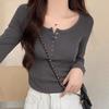 Designed Buttons, Slim Right Shoulder Long-sleeved T-shirt for Women, Early Autumn New Half-open Collar, High Waist, Bottoming Shirt Top