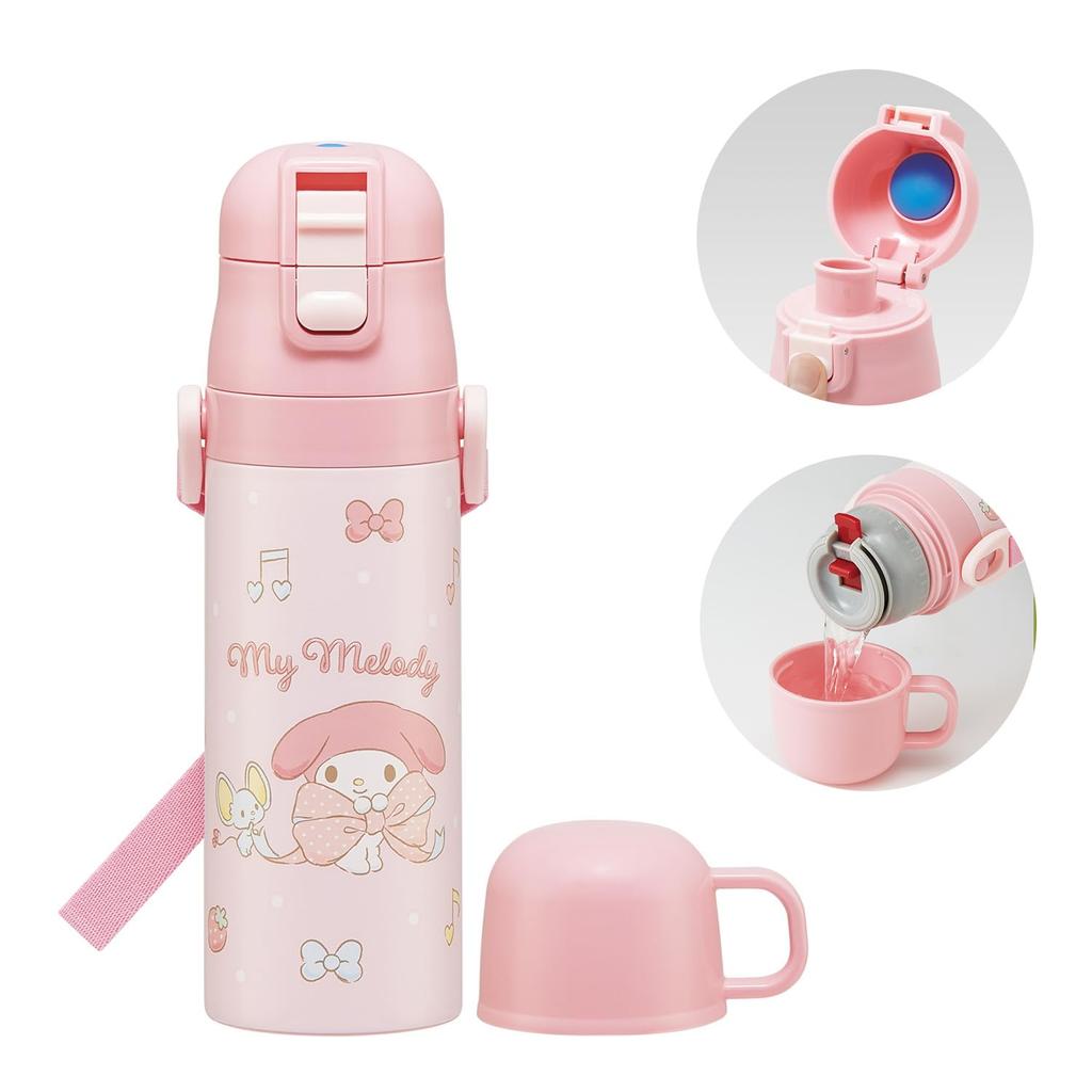 Skater Бутылка для воды Sanrio My Melody, 470 мл или 430 мл, большая, из нержавеющей стали, спортивная, детская, 2-сторонняя, (Прямое питье) (Питьё из чашки), Лента, Стальная для девочек,