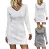 Women's Fashionable Casual V-neck Solid Color Sweater Dress Loose Knitted Long-sleeved Dress