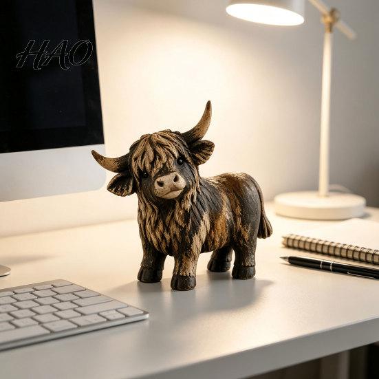Aged Texture Tabletop Figurine Farmhouse Highland Cow Figurine, Resin Scottish Bull Statue, Rustic Cute Cattle Statue Ornament, Country Style
