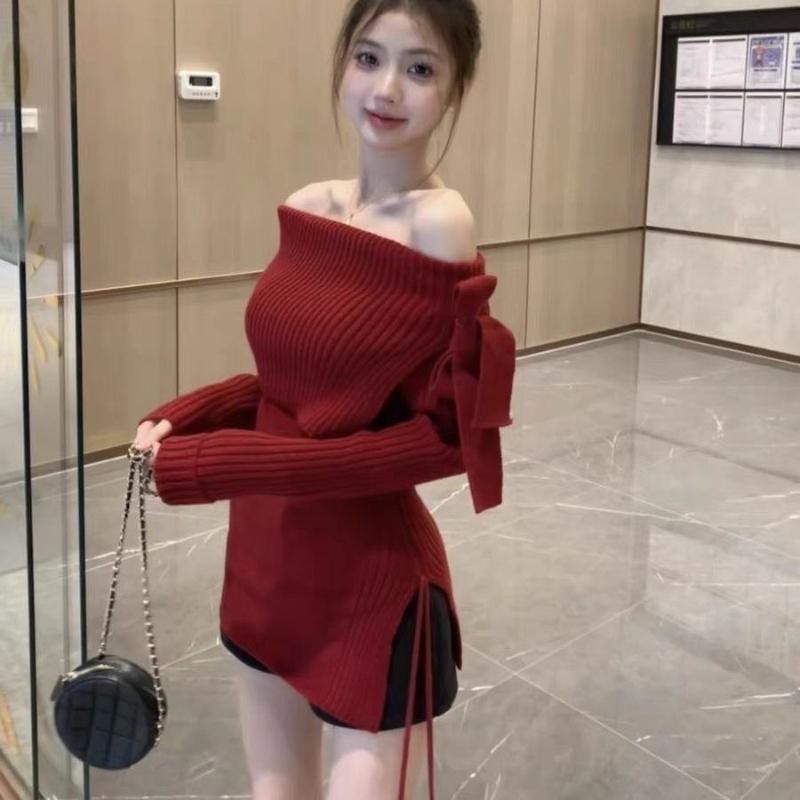 Сплошной свитер с открытыми плечами и милым бантом для женщин, трикотажные тонкие элегантные топы Y2k, женские корейские модные повседневные пуловеры 2024