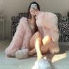 Женские куртки пальто из искусственного меха лисы средней длины синие с капюшоном с длинными рукавами толстые теплые свободного кроя повседневные осень зима