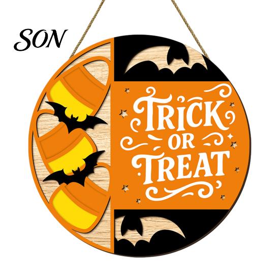 Retro Wall Plaque Halloween Trick or Treat Wooden Door Sign, Round Bat Silhouette Sign Hanging for Home Front & Party Decoration Personalized