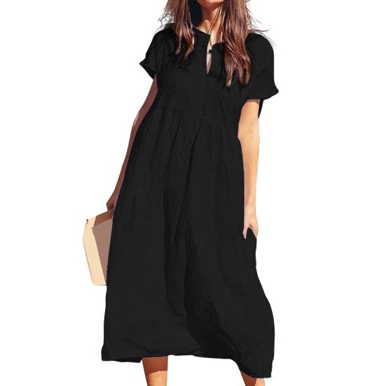 Women's Cotton Linen Maxi Dress Casual Short Sleeve V-Neck Sundress Loose Beach