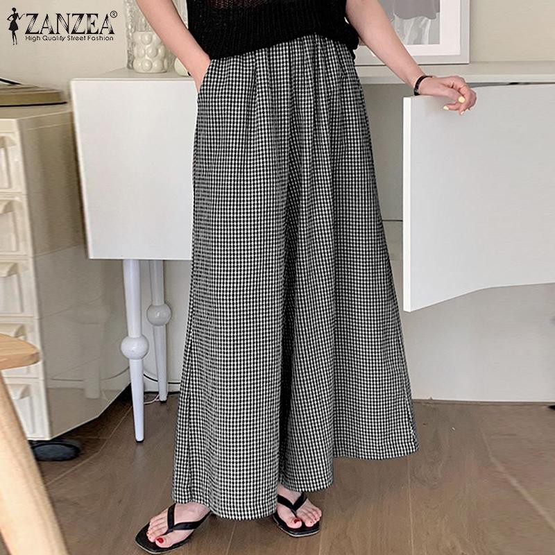 ZANZEA Summer Casual Elastic Waist Loose Wide Leg Plaid Print Pant For Women