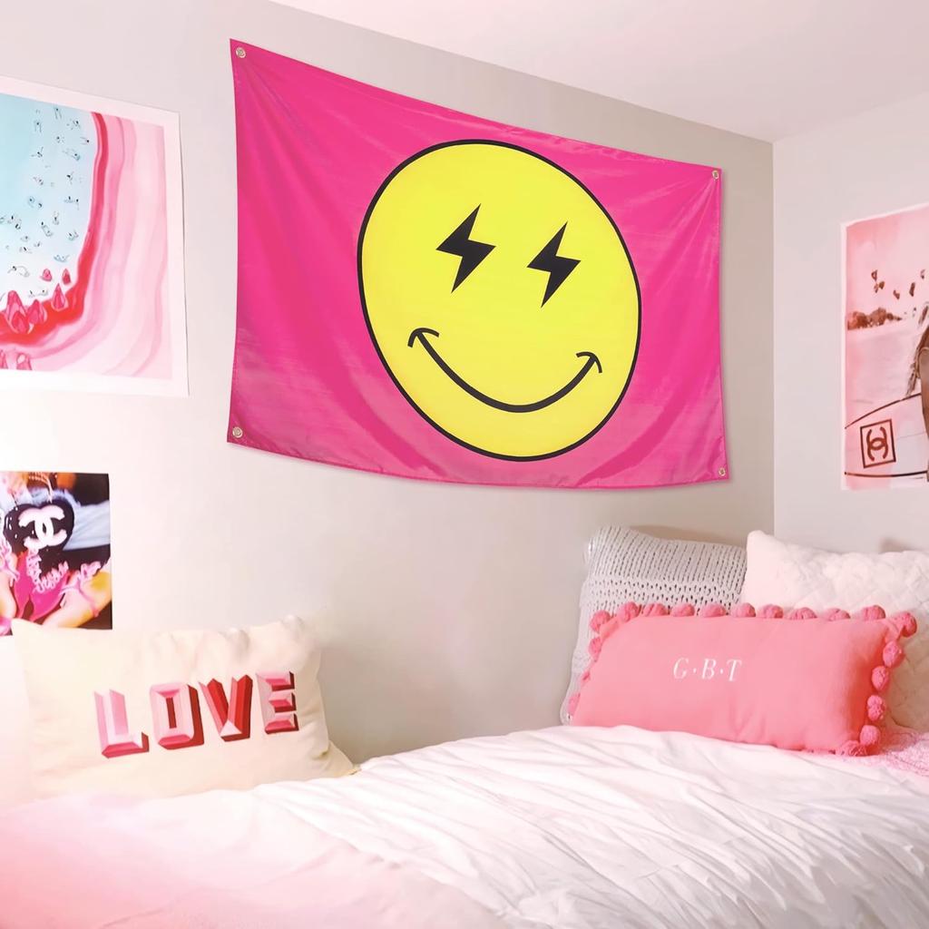 Preppy Tapestry Pink Smile Face Flag 60'' x 40'', Heavy Duty 200D Polyester Cute Smile Banner for Teen Room Girls Bedroom College Dorm Wall Hanging