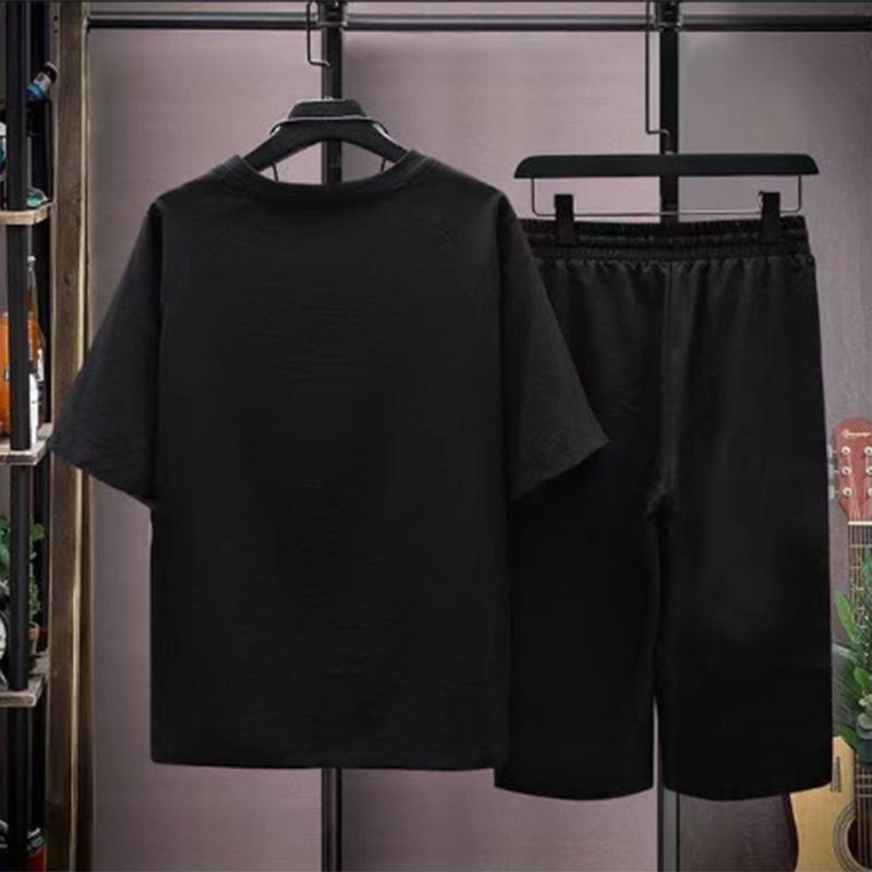 Летний костюм-футболка с короткими рукавами, мужской однотонный трендовый молодежный повседневный спортивный укороченный костюм из двух предметов