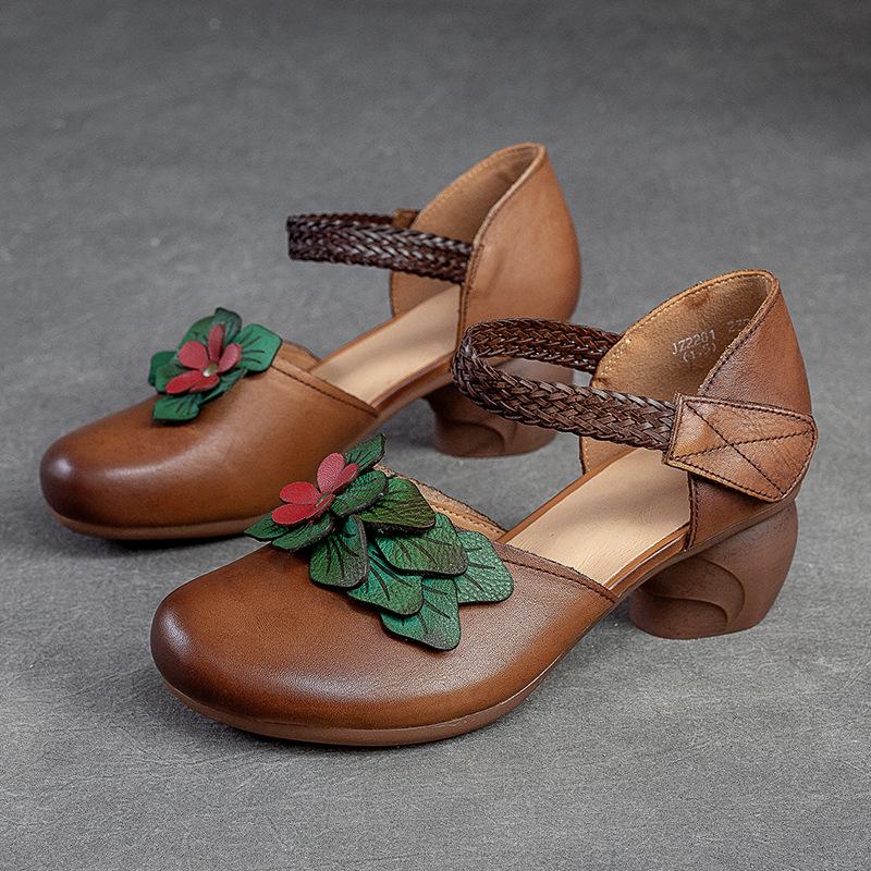 Johnature Женские сандалии в стиле ретро из натуральной кожи, универсальные сандалии ручной работы на среднем каблуке с цветочным узором и круглым носком, женская обувь