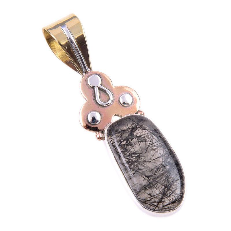 Двухцветный подарочный кулон из чистого серебра 925 пробы с натуральным черным рутилом, размер 1,75 дюйма, A4B66