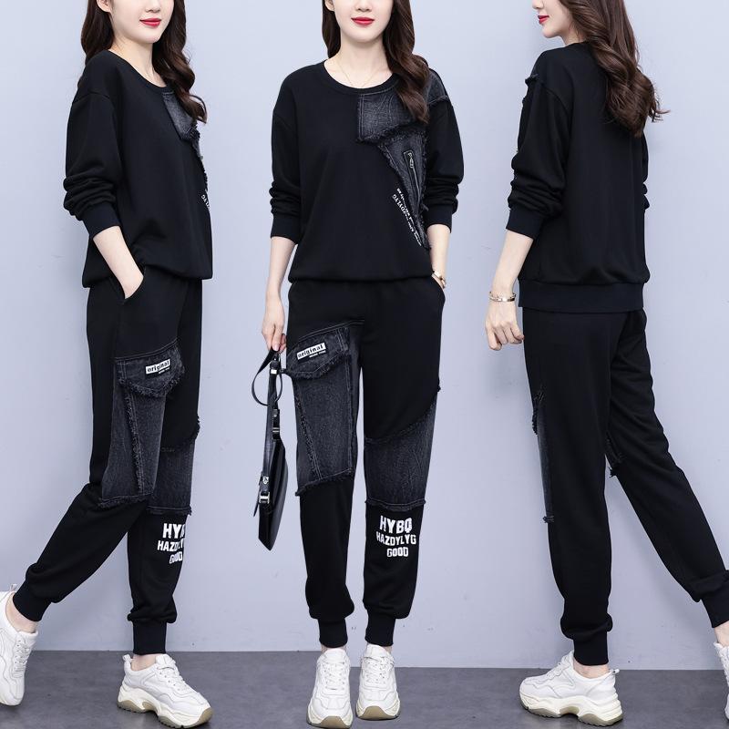 Весенне-осенний костюм женский свободный свитер с джинсовой вставкой с принтом с длинным рукавом из двух частей повседневный большого размера женская одежда