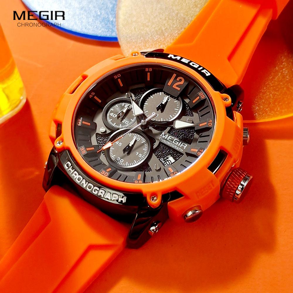 Red Watch Men Military Sport Silicone Strap Chronograph Quartz Wristwatch with Luminous Hands Date 3atm Waterproof Orange