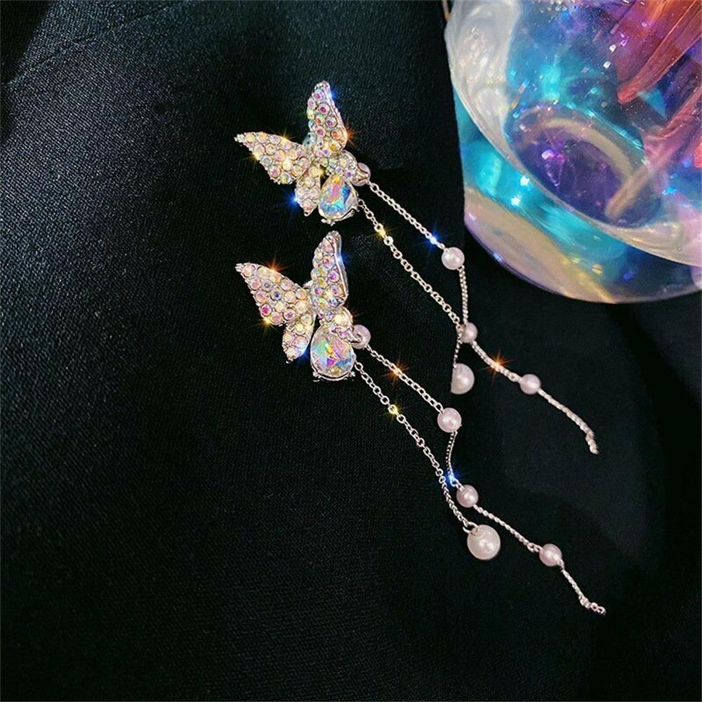 Fashion Jewelry Long Pearl Chain Shiny Butterfly Butterfly Earrings Drop Earrings Drop Dangle