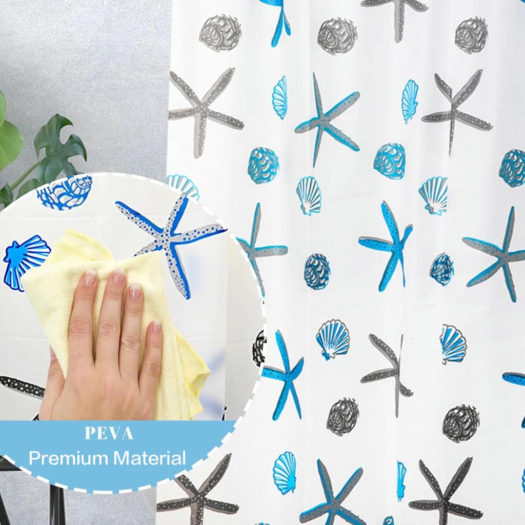 1Pc Starfish Print Semi-Transparent Shower Curtain With Plastic Hooks, 71*71Inches Lightweight Bathroom Curtain Bath Curtain