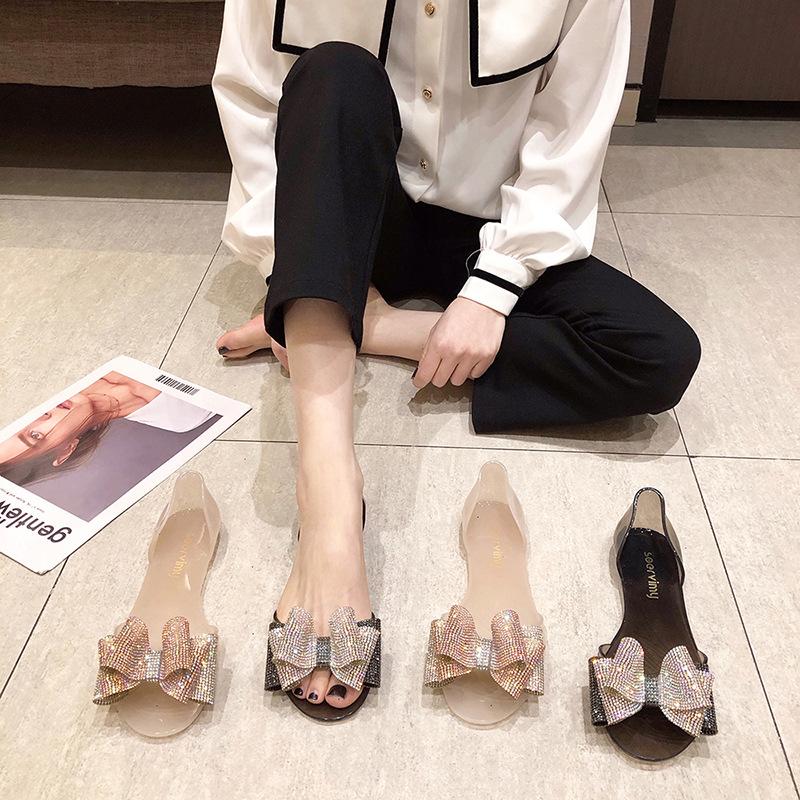 Comemore Jelly Shoes 2025 Women's Flat Fish Mouth Rhinestone Bow Beach Shoes Seaside Leisure Transparent Plastic Sandals
