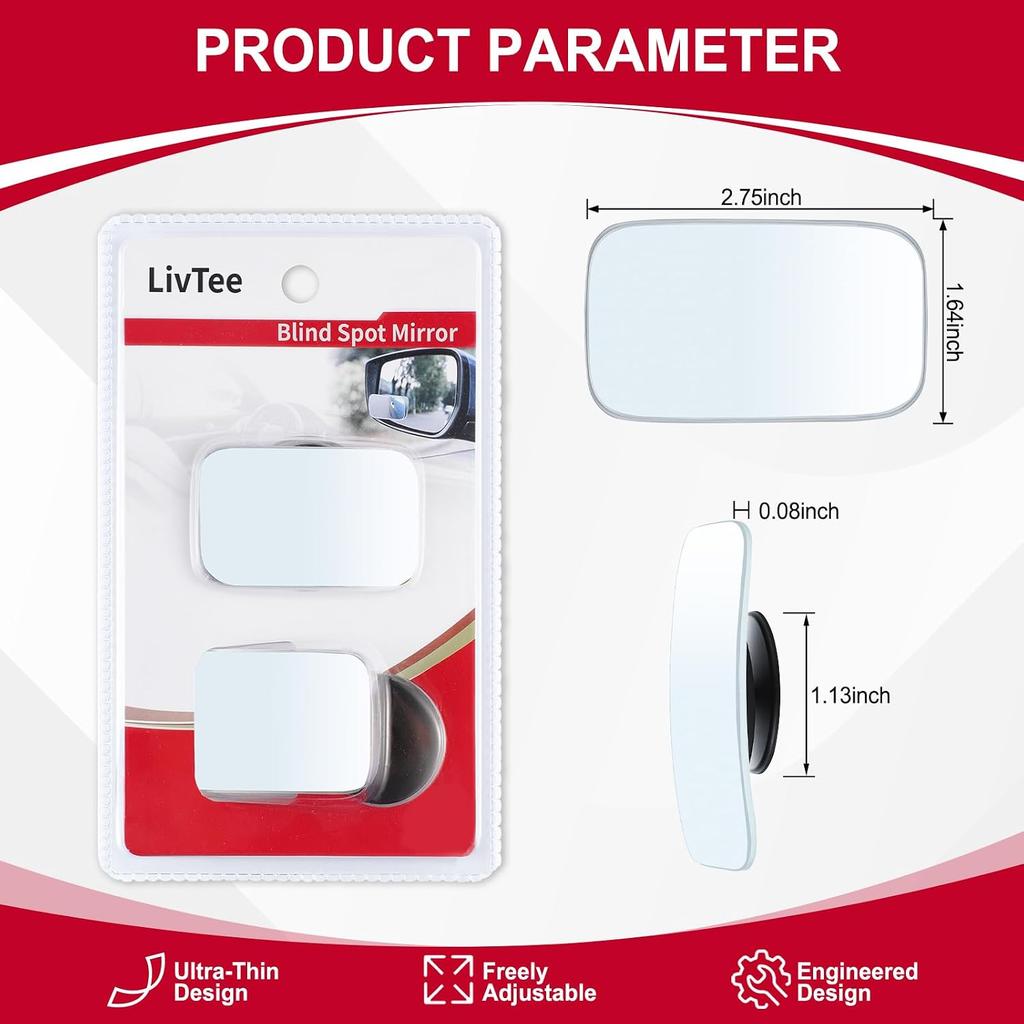 Blind Spot Mirror, Rectangle Shaped HD Glass Frameless Convex Rear View Mirror with wide angle Adjustable Stick for Cars SUV and Trucks, Pack of 2