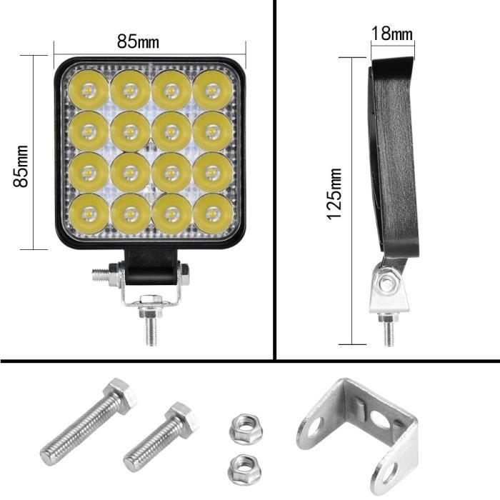 4x 48W work light -Aeobey – lampe de travail 48w 16 Led pour voiture 4x4 tout terrain SUV ATV tracteur bateau camions pelle 12V 24V