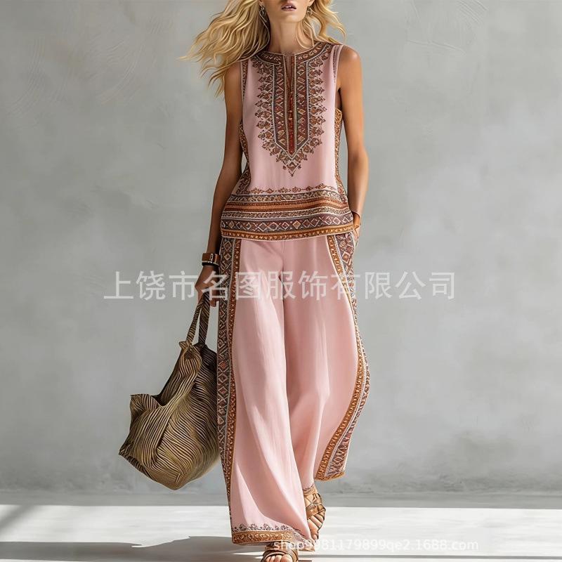 European, American Bohemian fashion contrasting colors 1D digital printing printing retro casual top set