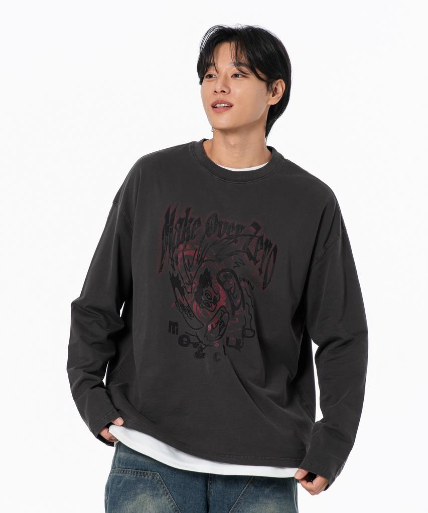 MOZMOZ Brother Graphic Pigment Long Sleeve Charcoal
