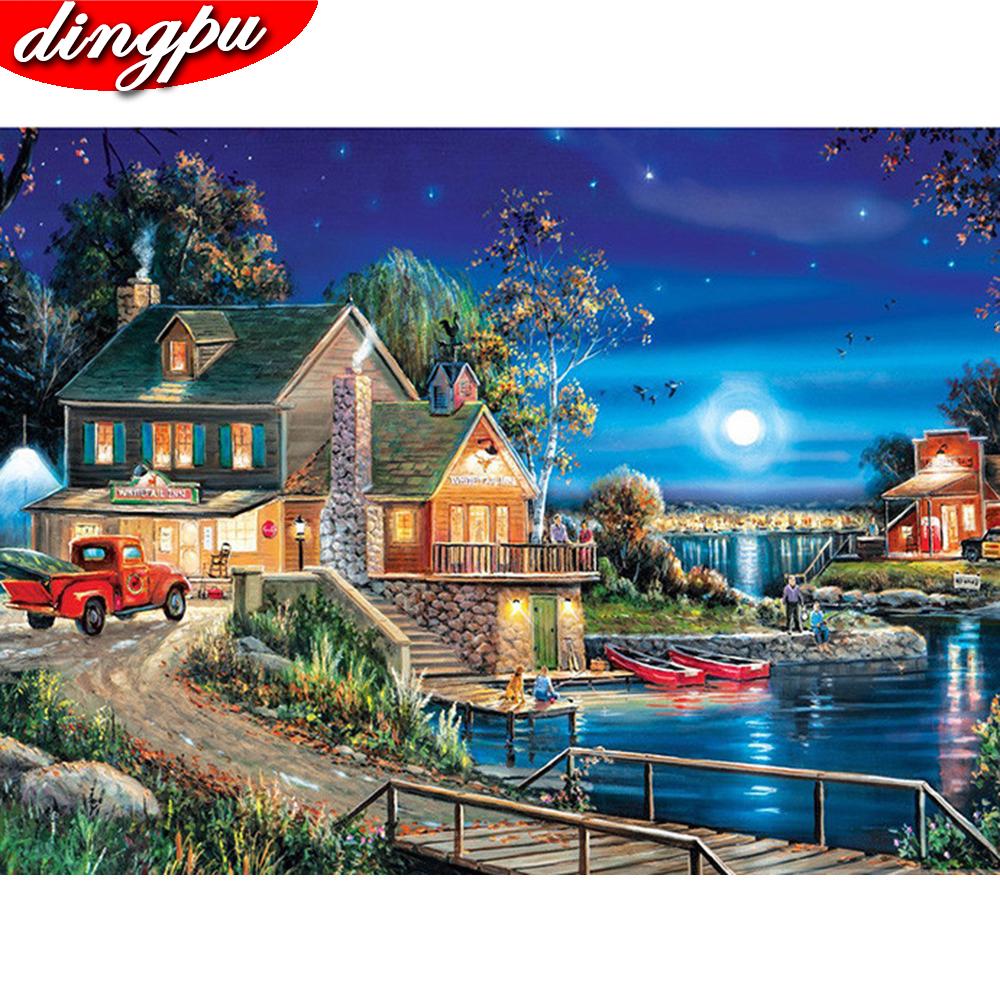 DIY 5D Алмазная картина Пейзаж Домик Полный дрель Круглый домашний декор Вышивка
