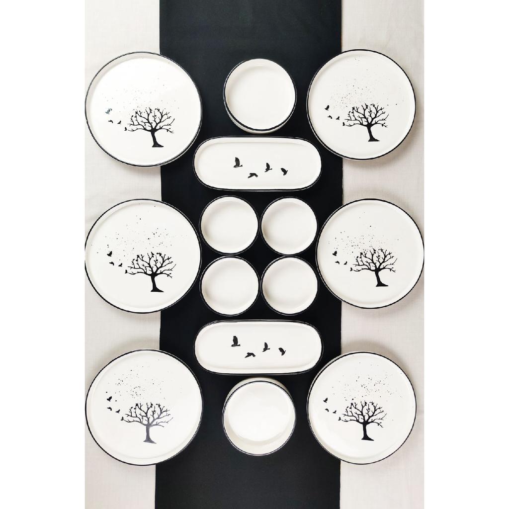 Black Birds 14 Piece Handmade Breakfast Set For 6 People - Presentation Set