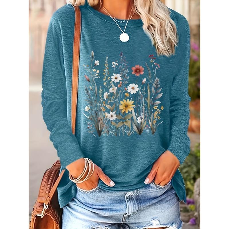 Floral print women's round neck long sleeve loose top