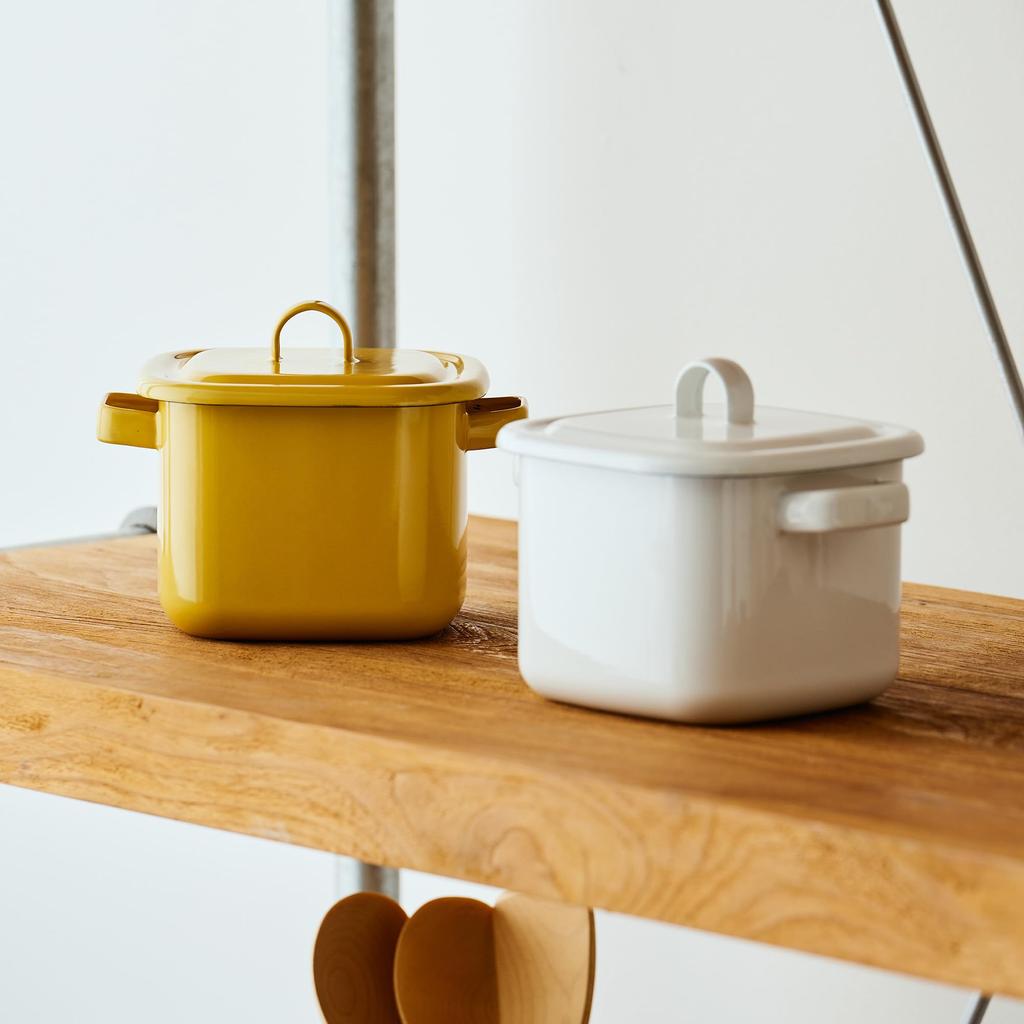 365methods Square Enamel Multipot Storage Container Small Pot IH Gas Fire Compatible with Lid White