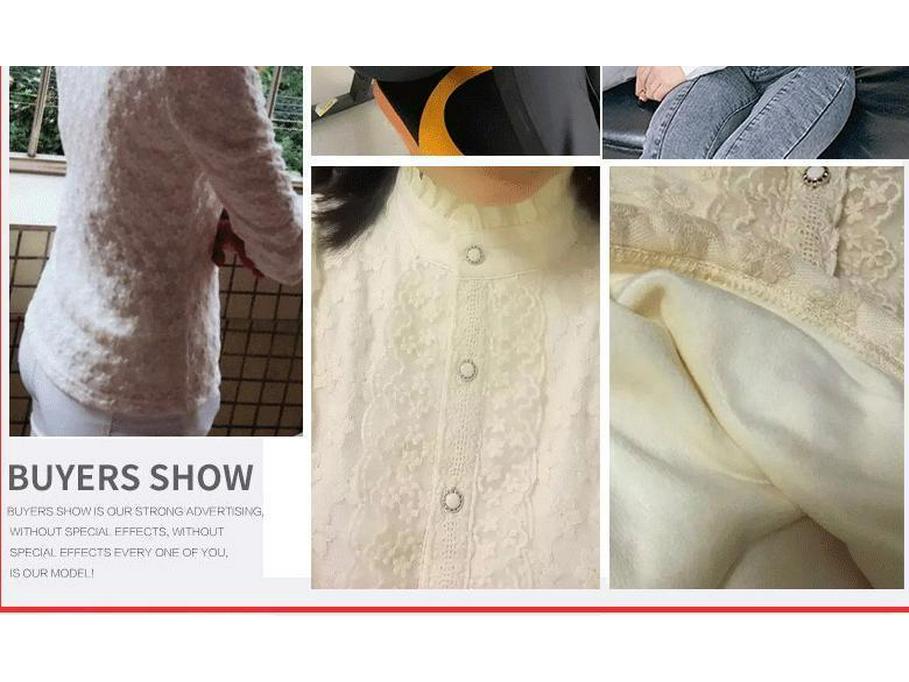 Women's Fleece-Lined Lace Top with Stand-Up Collar - Autumn/Winter Embroidered Mesh Long Sleeve Slim Fit Shirt