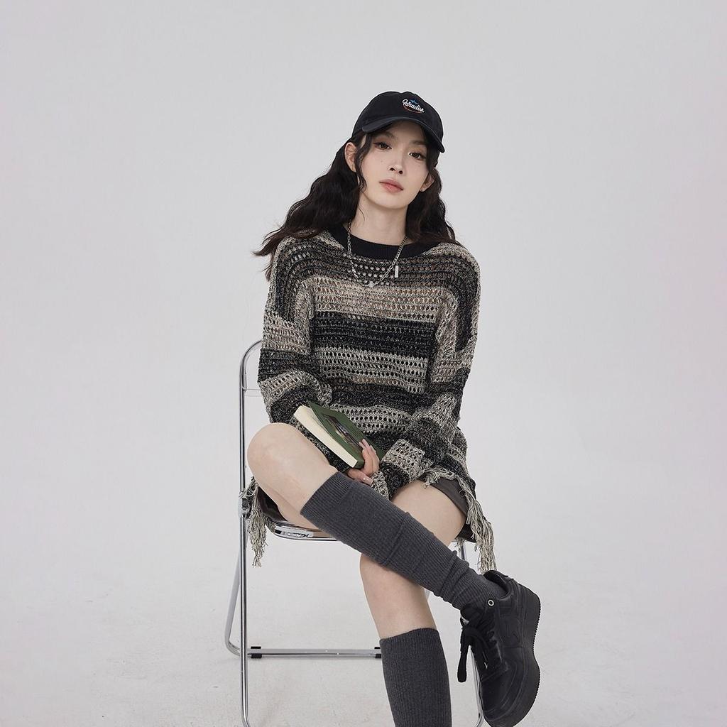 Полосатый ажурный трикотаж, женский весенне-осенний модный свитер в стиле ретро, ​​свободная повседневная блузка с длинным рукавом с кисточками и дизайном