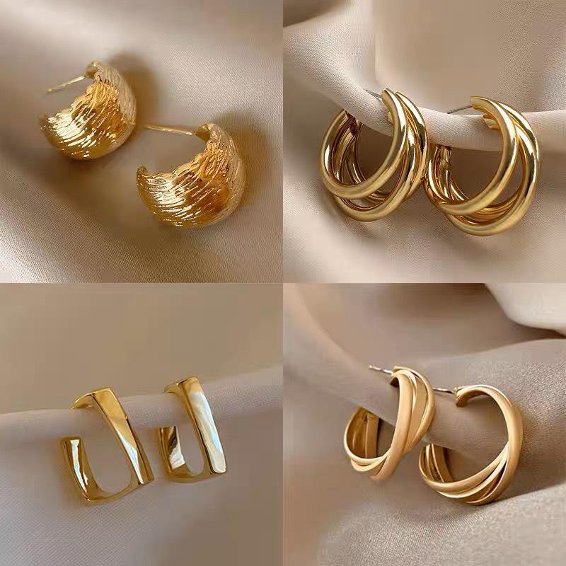 1Pair Minimal Design Metal Exaggerated Geometric Ear Stud Earrings For Women Girls Fashion Temperament Jewelry Party Accessorie
