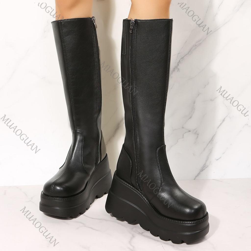 Fashion Women's Long Boots 2025 Autumn Winter New Thick Bottom Punk Style Knee High Boots for Women Black Wedges High Heels Gothic Botas