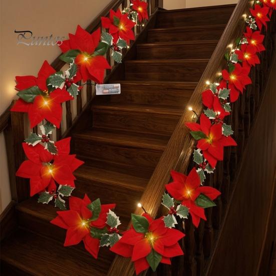Red Flower Hanging Lights Christmas Poinsettia String Lights, 200/300cm Green Floral Garland, Battery/USB Fireplace Garland Lighting Operated